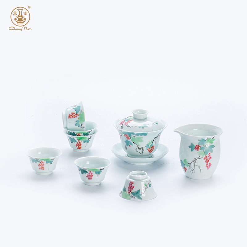玉瓷手繪“吉運添?！?頭蓋碗茶具套裝